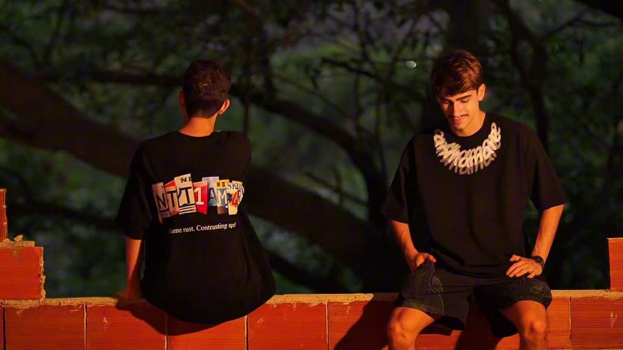 Dois amigos sentados num muro de tijolos ao entardecer, um de costas com a estampa de placas e outro de frente com a escrita no colarinho